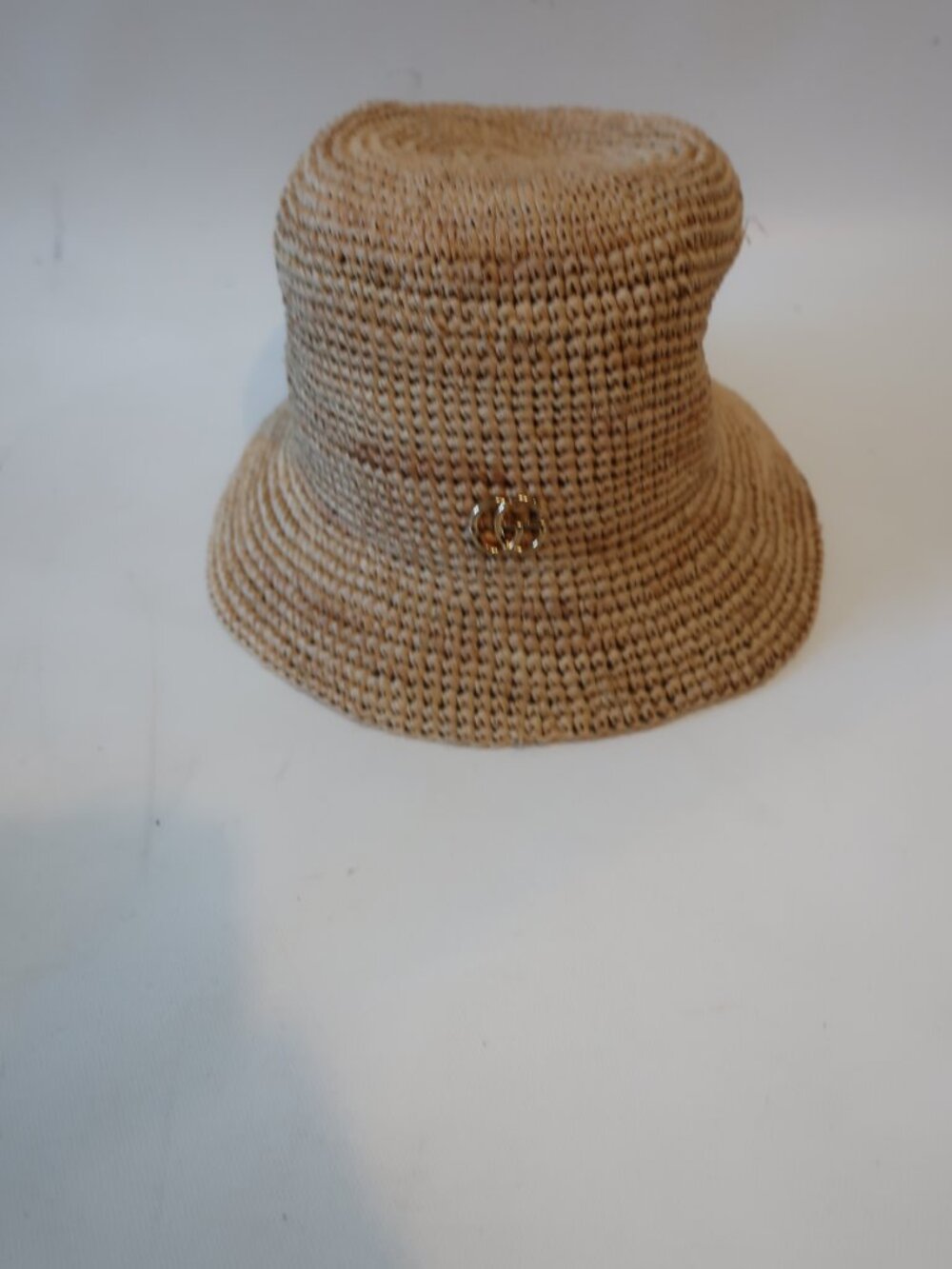NWT Womens Gucci Double G Logo Beige Raffia Straw Bucket Hat Size M